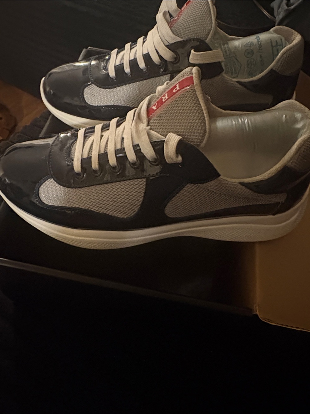 Prada Navy blue Patent & Gray Mesh Sneakers with White Laces and Red Tongue Stri - Picture 2 of 6